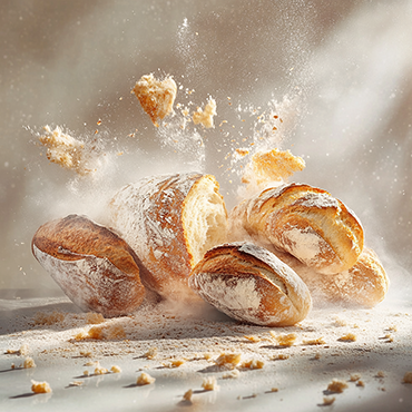 Knackfrisches Weizenbrot, dass mit Mehl bestaeubt wird