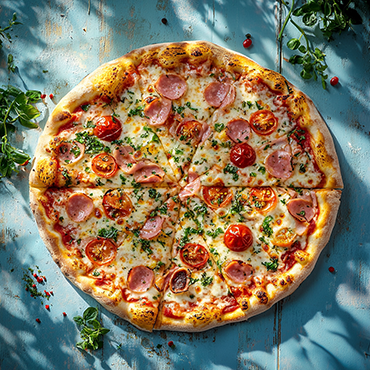 Frische italienische Pizza in stimmungsvoller Gartenszene