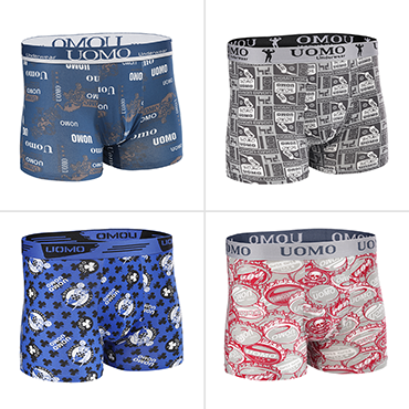  Vier Hollowman Fashionfotos, Boxershorts mit grafischen Motiven